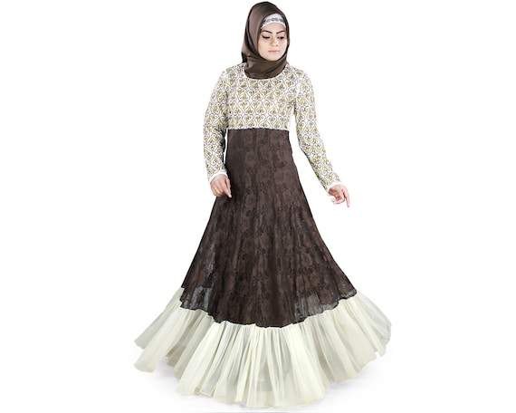 Mybatua Pretty Brown and Ivory Embroidered Polyester Abaya Anarkali Style Net Eid and Occasion Wear Ethnic Gown Jilbab Jalabiya AY 389 Etsy Australia
