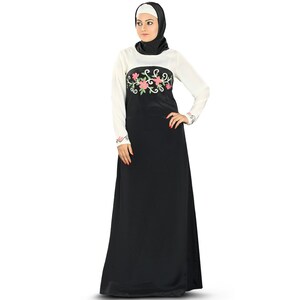 MyBatua Traditional Black And Off White Polyester Abaya, Dubai Style Occasion Wear Long Gown, Islamic Clothing, Jilbab, Jalabiya, AY-345