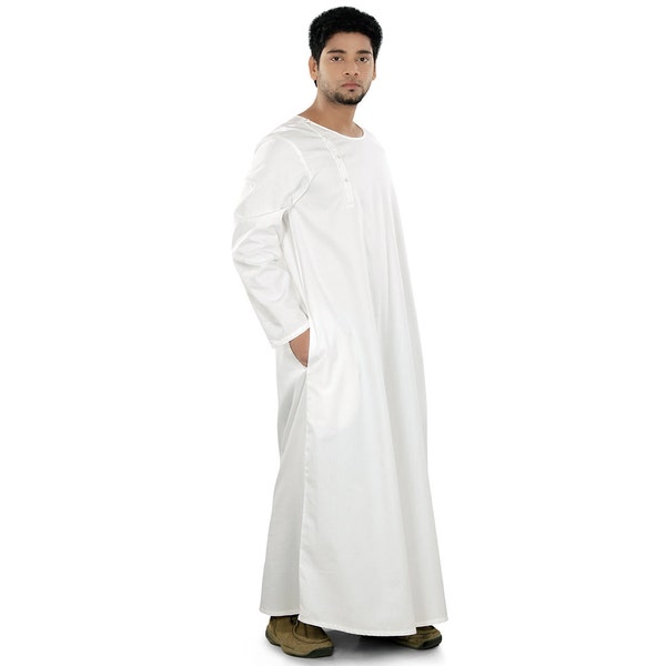 MyBatua Classic Plain White Cotton Galabiyya, Modest Muslim Men Long Traditional Kurta, Islamic Clothing, Thobe, Daffah, Thawb, GM-019