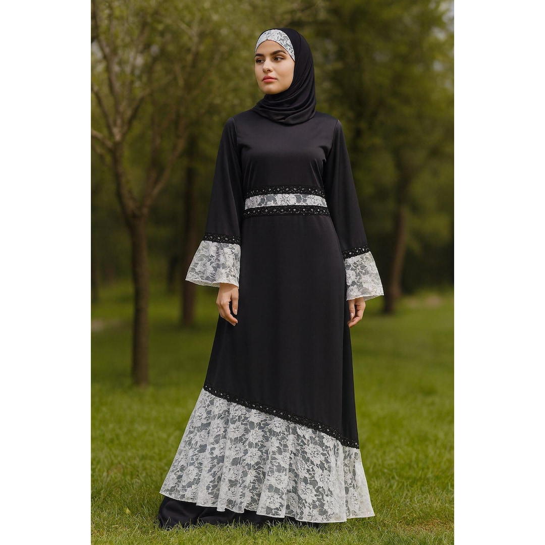 Black Abaya With White Lace Details | Elegant Long Sleeve Hijab