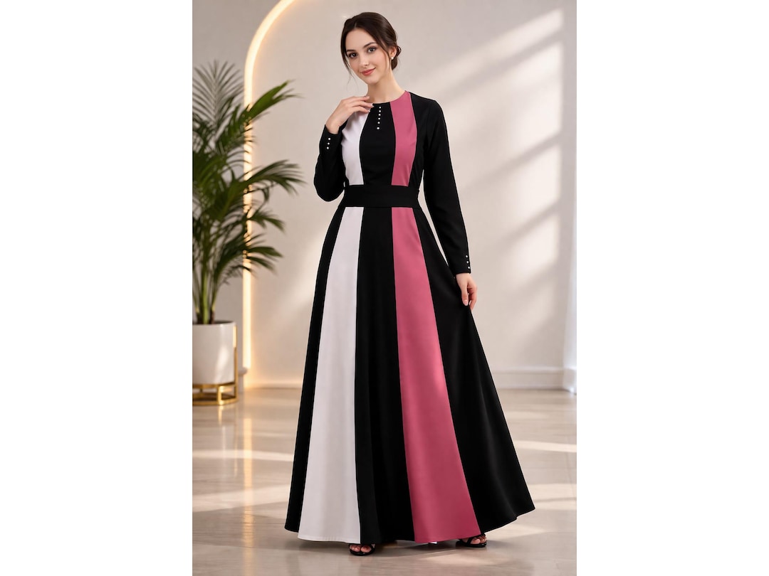 colour block formal dresses Color Maxi Dress | Black White Pink A-line Modest Evening Gown Wayne