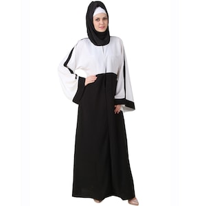 MyBatua Classic Black And White Polyester Abaya, Muslim Women Long Stylish Party Wear Gown, Islamic Clothing, Jilbab, Jalabiya, AY-473