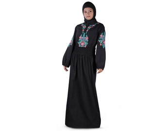 MyBatua Trendy Black Embroidered Cotton Abaya, Muslim Women Formal And Occasion Wear Gown, Islamic Clothing, Jilbab, Jalabiya, AY-166