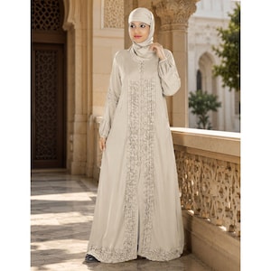 Warm Grey Crepe Jilbab, Front Open Abaya, Lantern Sleeves, Frill Detail (Party Wear)