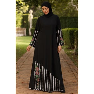 Black Nida Abaya: Floral Embroidered Kashibo Dress, Hijab Included