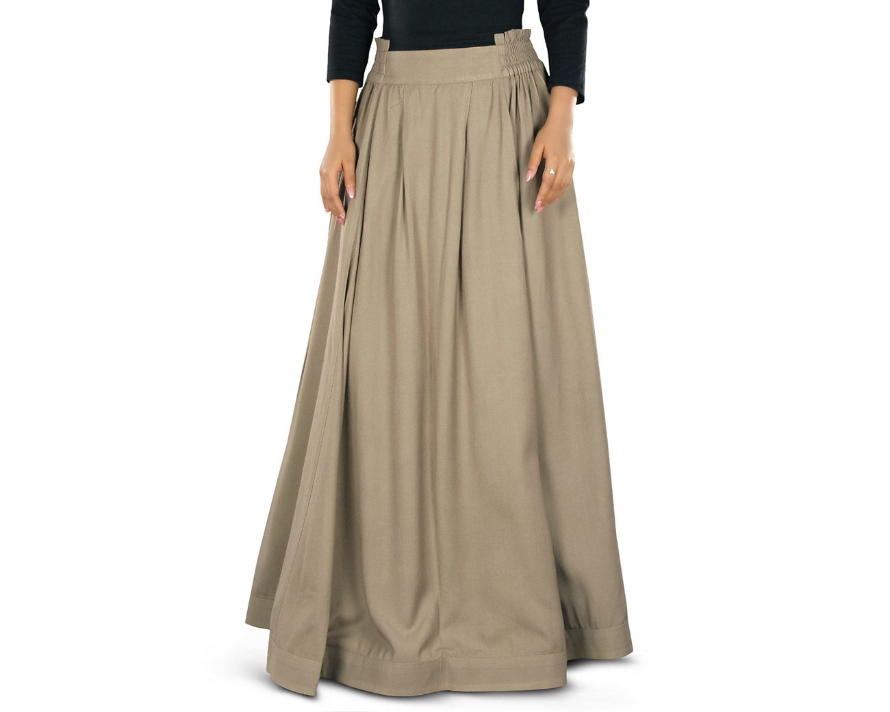 Khaki Rayon Long Skirt: Flared Box Pleat Muslim Formal Wear