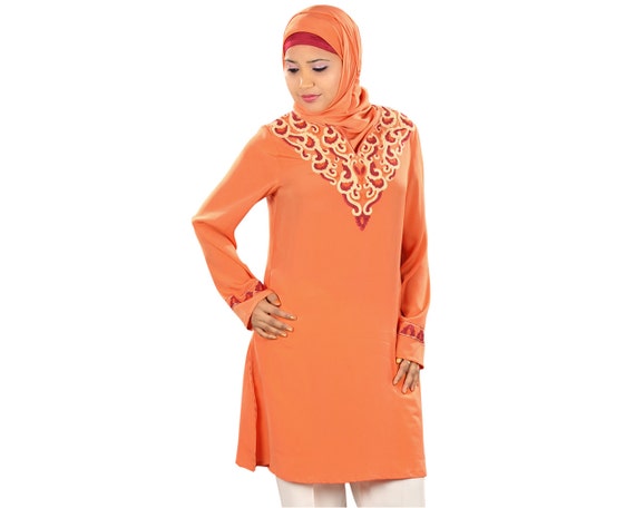 orange dress kurti Orange Cotton Kurti Pant Dupatta Set with Elegant Embroidery