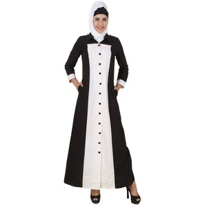 MyBatua Fancy Black And White Front Open Kashibo Abaya, Muslim Ladies Long Traditional Gown, Islamic Clothing, Jilbab, Jalabiya, AY-453