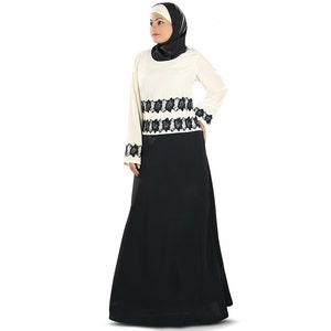 MyBatua Dubai Style Black And White Embroidered Polyester Abaya, Evening And Party Wear Gown, Islamic Clothing, Jilbab, Jalabiya, AY-310