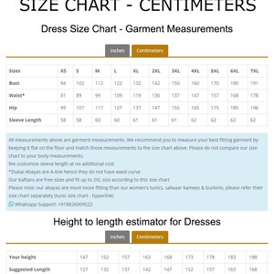 May include: A dress size chart in centimeters, with bust, waist, hip, and sleeve length measurements. Includes a height to length estimator. The chart provides garment measurements and customization information.