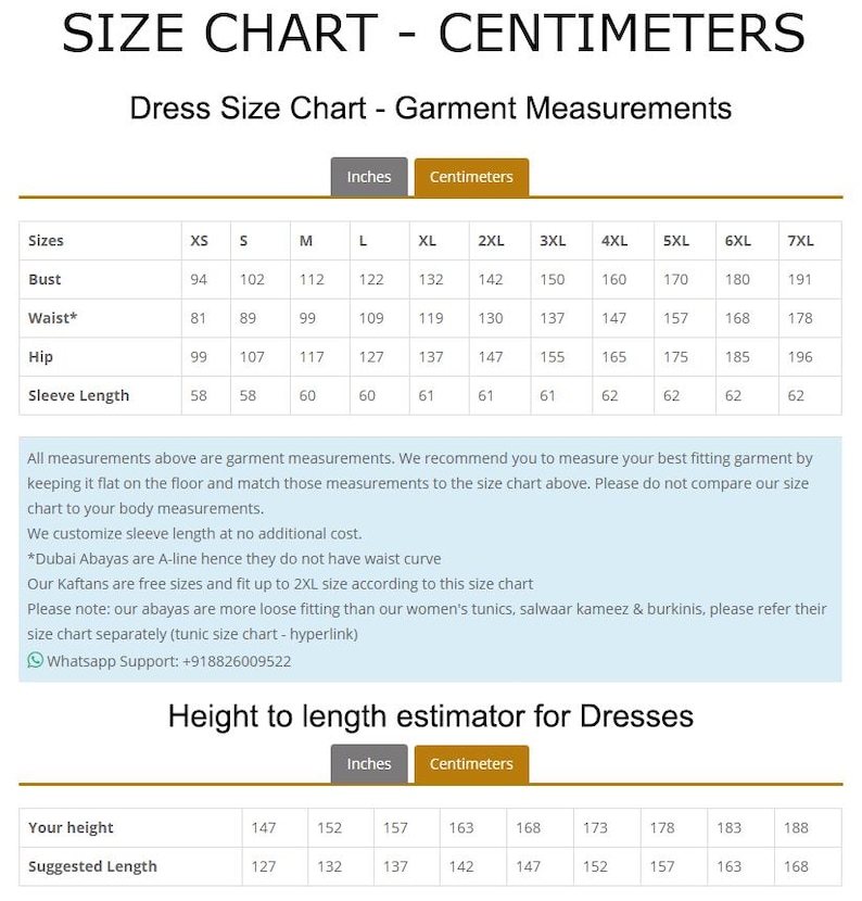 May include: A dress size chart in centimeters, with bust, waist, hip, and sleeve length measurements. Includes a height to length estimator. The chart provides garment measurements and customization information.