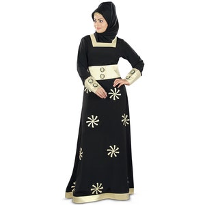 Black and Gold Polycrepe Abaya: Embroidered Islamic Gown with Hijab