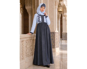 Two-Tone Embroidered Denim Abaya, Flared Cotton Modest Wear (Daily & Formal)