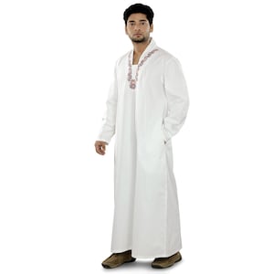 White Cotton Galabiyya: Embroidered Muslim Men&#39;s Kurta Thobe