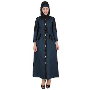 Navy Blue Cotton Abaya: Front Open Jilbab with Hijab