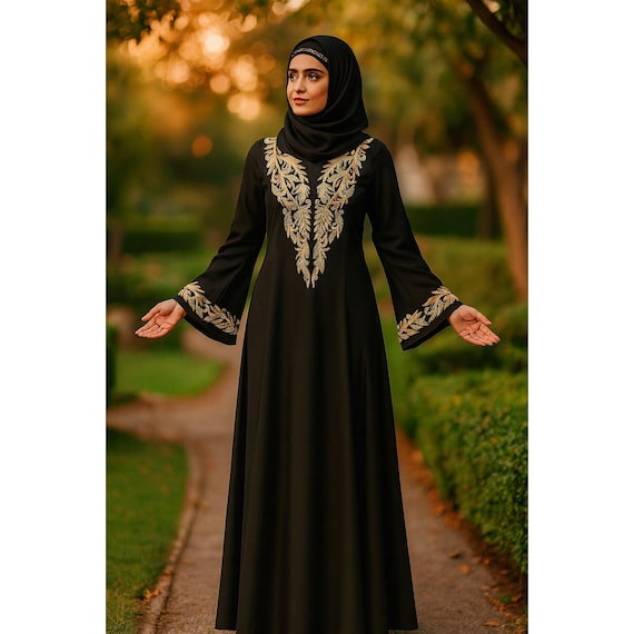 Embroidered Black Rayon Abaya: Elegant Muslim Dress with Hijab