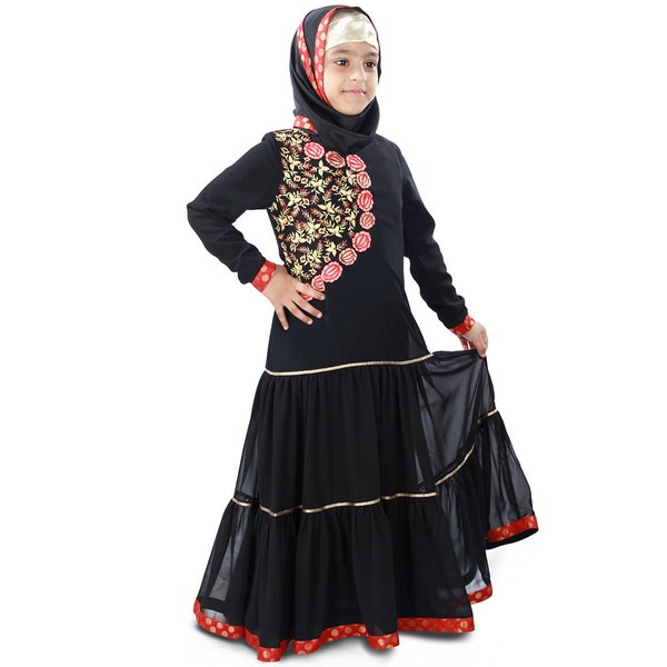MyBatua Fancy Embroidered Black Georgette Abaya, Muslim Kid Long Party And Eid Wear Gown, Islamic Clothing, Jilbab, Jalabiya, AY-407-K