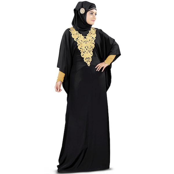 MyBatua Dubai-Art sehr schicker schwarzer Polyester-Kaftan, lange Anlässe der muslimischen Damen und Partei tragen Jalabiya, KF-003B