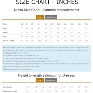 May include: Dress size chart in inches, with bust, waist, hip, and sleeve length measurements. Includes a height-to-length estimator for dresses, with suggested lengths from 50 to 66 inches.