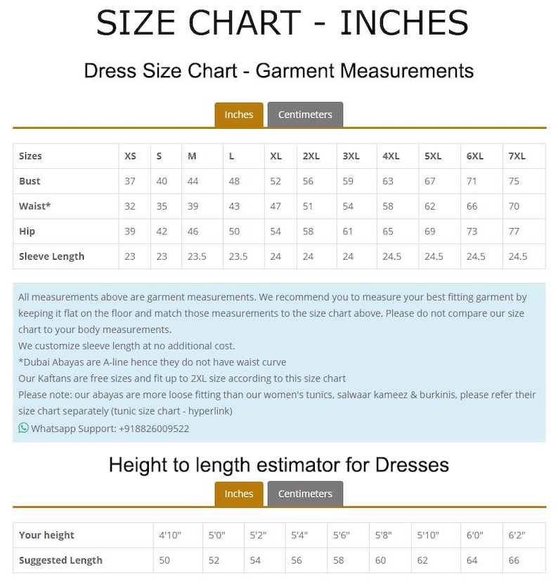 May include: Dress size chart in inches, with bust, waist, hip, and sleeve length measurements. Includes a height-to-length estimator for dresses, with suggested lengths from 50 to 66 inches.