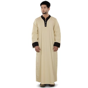 MyBatua Classic Cream And Black Cotton Galabiyya, Modest Muslim Men Kurta, Islamic Men Clothing, Dishdash, Thobe, Daffah, Thawb, GM-018