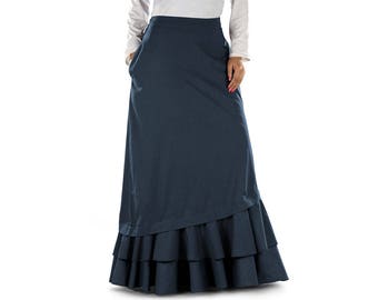 Navy Blue Cotton Skirt: A-Line Poplin Skirt with Pockets