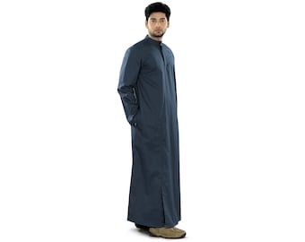 MyBatua Trendy Classic Navy Blue Plain And Simple Poplin Galabiyya, Muslim Men Stylish Modern Kurta, Islamic Clothing, Thobe, Daffah GM-016