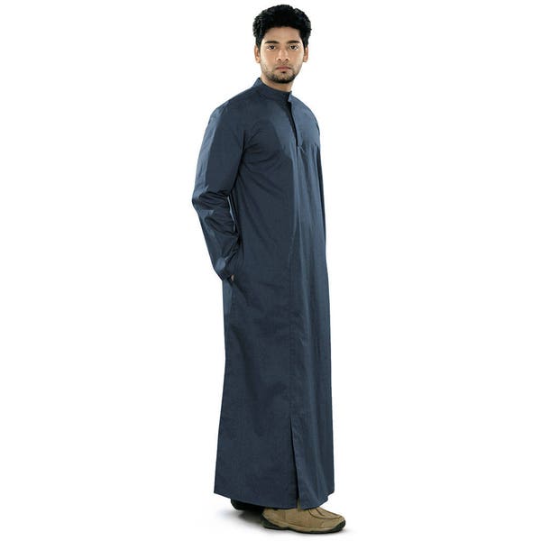 MyBatua Trendy Classic Navy Blue Plain And Simple Poplin Galabiyya, Muslim Men Stylish Modern Kurta, Islamic Clothing, Thobe, Daffah GM-016