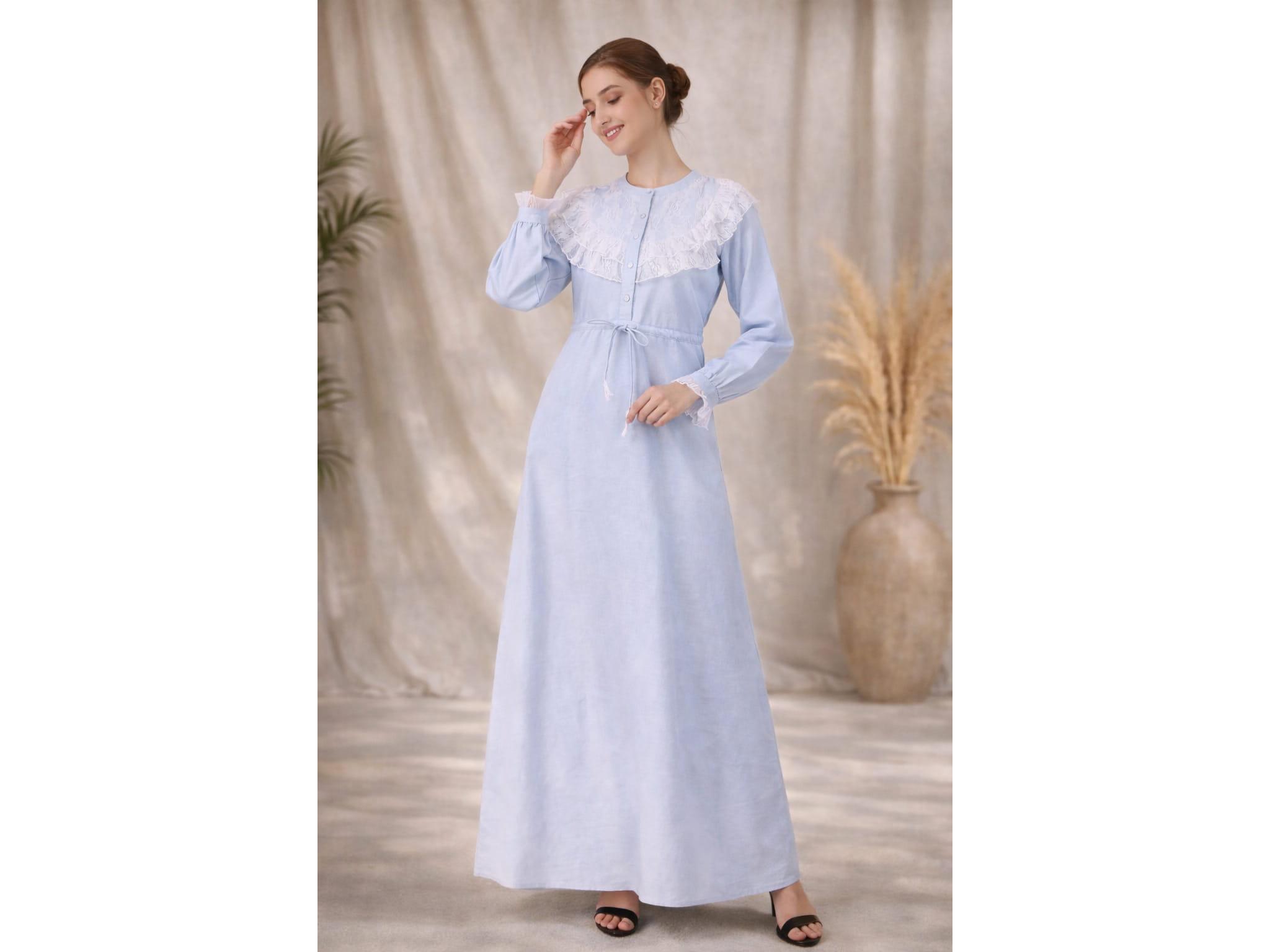 knee length dresses for ladies Sky Blue Long Chiffon Prom Dresses with Sleeves Modest Formal Dress ARD1981