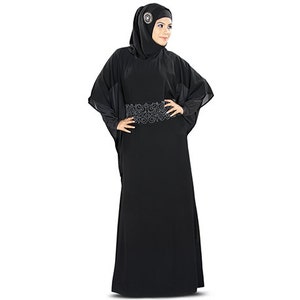 MyBatua Classic Traditional Black Soft Georgette Hand Embroidered Beaded Kaftan, Dubai Style Muslim Ladies Long Elegant Jalabiya, KF-005 image 1