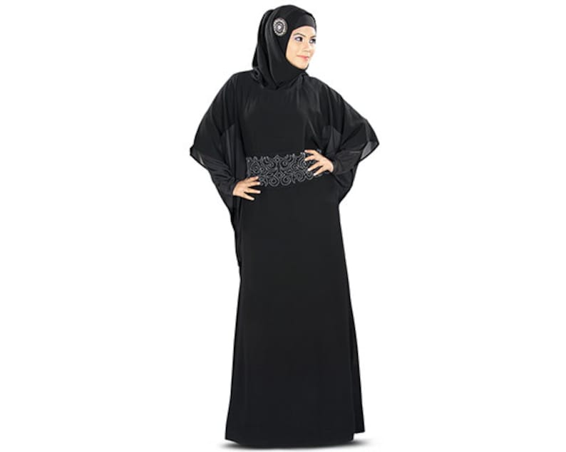 MyBatua Classic Traditional Black Soft Georgette Hand Embroidered Beaded Kaftan, Dubai Style Muslim Ladies Long Elegant Jalabiya, KF-005 image 1