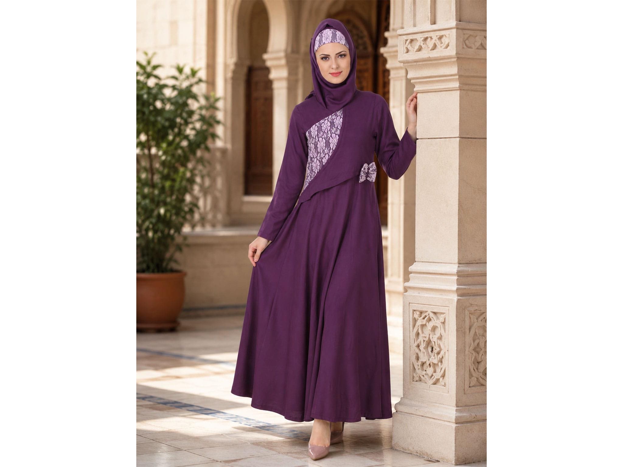 purple abaya dress Ibtom Castle Muslim Dresses for Women, Long Sleeve Eid Islamic Prayer Jilbab Khimar Cardi Robe Middle East Maxi Abaya Dress Light Purple&hijab