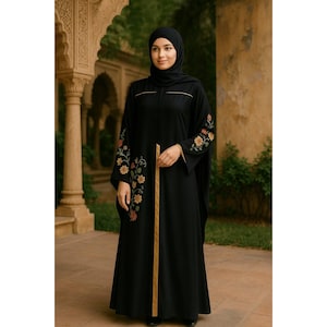 Black Nida Abaya: Gold Satin Panel, Chain Stitch Embroidery, Matching Hijab