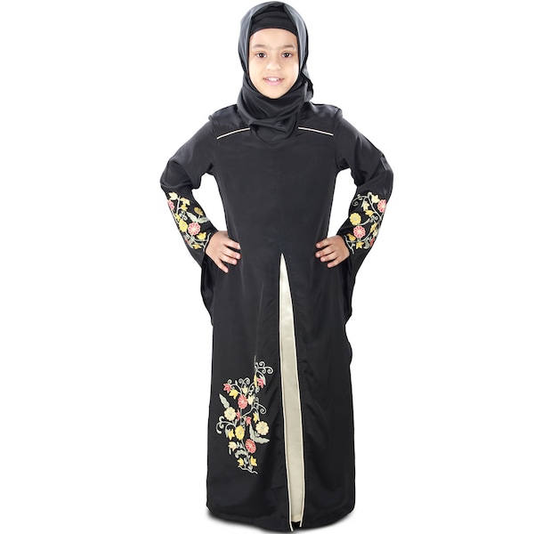 MyBatua Black Beautiful Hand Embroidered Polyester Abaya, Muslim Girl Long Party And Eid Wear Stylish Sleeves Gown, Jilbab, AY-156-K