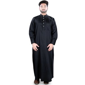 Black Cotton Galabiyya Thawb: Modest Collar, Cuff Sleeves