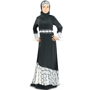 MyBatua Fancy Embroidered Black Polyester Abaya, With Flower Net And Lace, Muslim Ladies Long Party Wear Gown, Jilbab, Jalabiya, AY-331