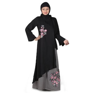 MyBatua Fancy Embroidered Black And Grey Polyester Abaya, Trendy Evening And Party Wear Gown, Islamic Clothing, Jilbab, Jalabiya, AY-103