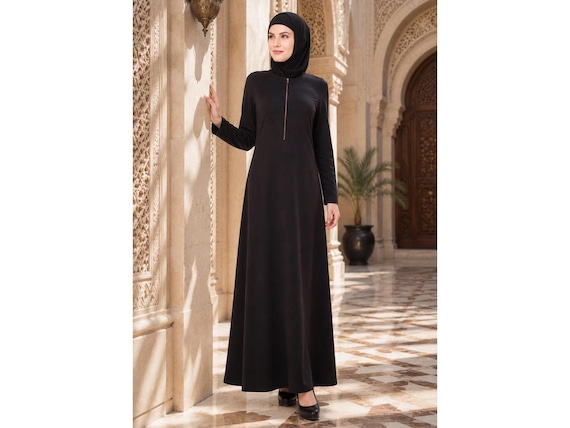 jersey dress abaya Black – Muslim Long With Zipper, Hijab Included Abaya designs