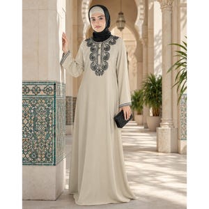 Warm Grey Nida Abaya, Paisley Embroidered Modest Wear, Front Open Muslim Clothing, Round Neck, Matching Sleeves, Formal Occasion Wear