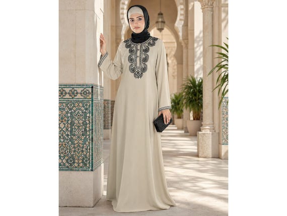 grey muslim dress Warm Grey Embroidered Abaya with Hijab: Dubai Style Muslim Gown