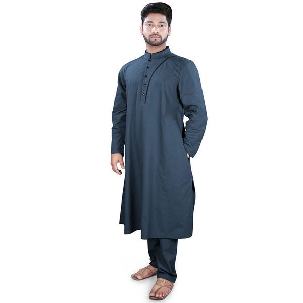 Pyjama kurta classique en coton bleu marine, MyBatua, tunique moderne pour hommes, vêtements pour hommes islamiques, caillebotis longuekurta