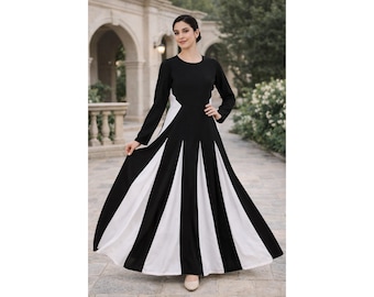 Black White Maxi Dress – Color Block Slimming Panel Anarkali Gown