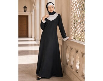 Black A-Line Abaya, V-Neck Frill Sleeve, Elegant Islamic Dress (Kashibo Fabric)