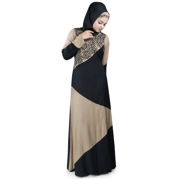 MyBatua Beautiful High Fashion Khaki And Black Rayon Abaya, Trendy Long Muslim Women Party Wear Gown Gown, Jilbab, Jalabiya, AY-420