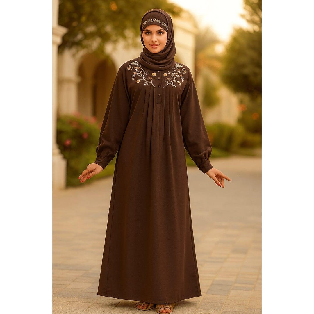 Brown Embroidered Abaya Dress | Floral Neck Detail Maxi, Loose Fit Muslim Garment Brown Embroidered Abaya Dress | Floral Neck Detail Maxi, Loose Fit Muslim Garment