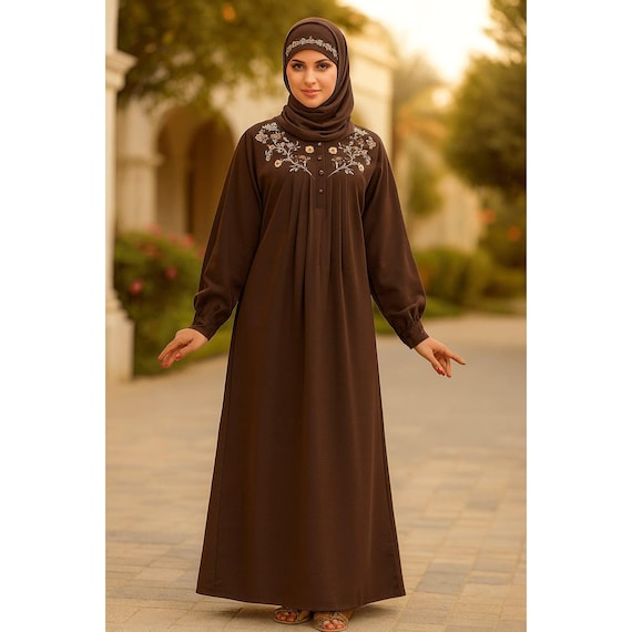 Brown Embroidered Abaya Dress | Floral Neck Detail Maxi, Loose Fit Muslim  Garment - Etsy