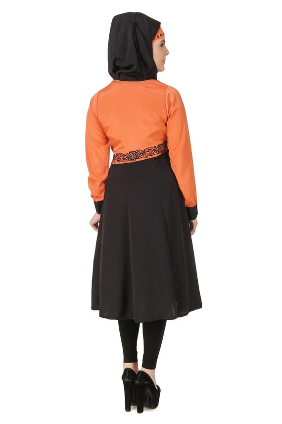 orange dress with hijab Eastessence presents Lace panel flared abaya dress and hijab set available only at eastessence.com. 5XL[+$6.99] / 58[+$4.99]