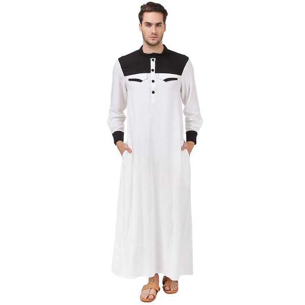 MyBatua Fancy White And Black Rayon Thobe, Muslim Casual & Formal Wear Galabiyya, Islamic Men Clothing, Long Button Closure Kurta GM-040