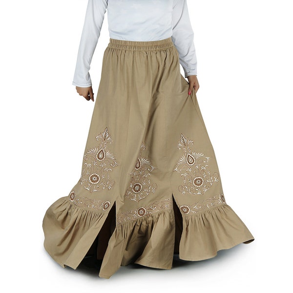 MyBatua fancy khaki bestickt Baumwolle schönen langen Rock, muslimische formelle & Freizeitkleidung unten, muslimische Damen formelle AS-011