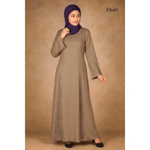Embroidered Khaki Rayon Abaya with Hijab: Aari Hand Work, Plus Size Available